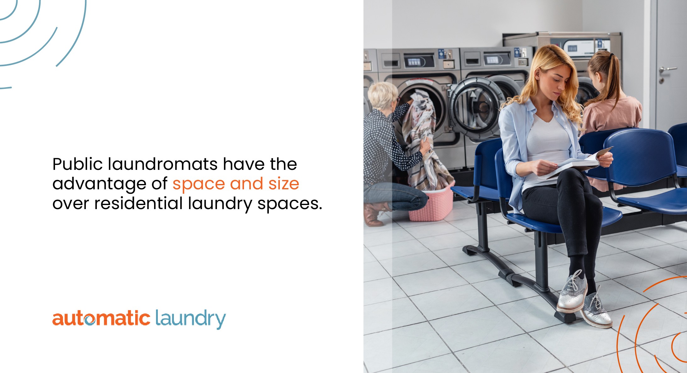 Public laundromats often have more space than residential laundry rooms, but their layouts are carefully designed to handle high traffic and maximize efficiency.