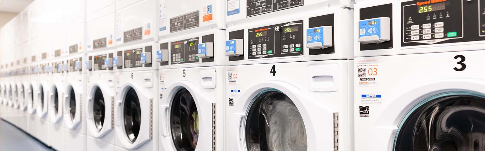 A row of white laundry machines