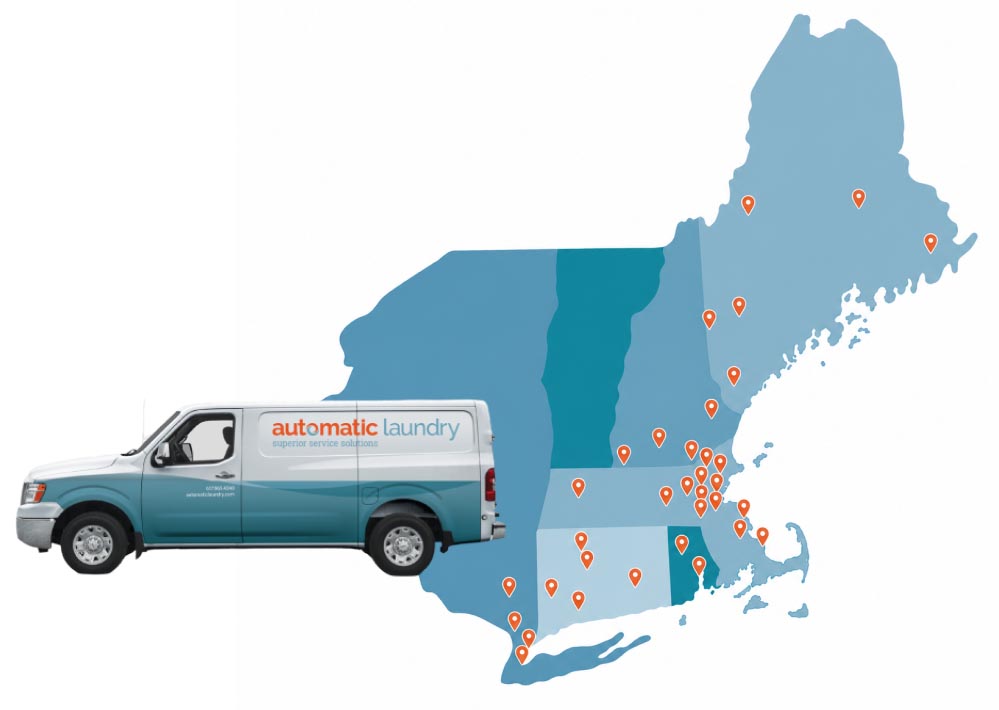 Graphic image of a map with Automatic Laundry pins showing locations, and a real cut out of their field service van